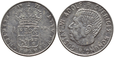 Швеция 1 крона 1973 Густав VI Адольф (1950-1973) KM 826а медь плакированная медно-никелем 4395-255