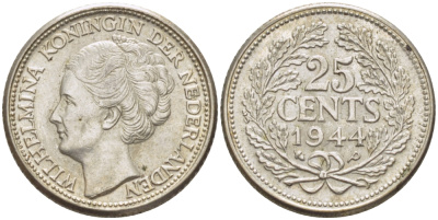 Нидерланды 25 центов 1944 Вильгельмина (1890-1948) KM 164 серебро aUNC 66-1157