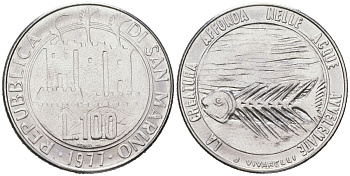 Сан-Марино 100 лир 1977 Экология - стилизованая рыба на реверсе KM 70 нержавеющая сталь UNC 4574-1123