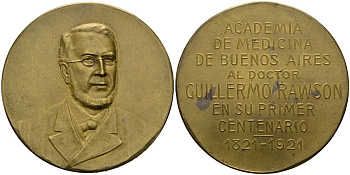 Аргентина медаль 1921 100 лет со дня рождения доктора Гильермо Роусона, основателя Медицинской Академии в Буэнос-Айресе, медальер Constante Rossi, диаметр 46,5 мм. бронза 1095-8-42