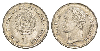 Венесуэла 1 боливар 1990 Симон Боливар, толстый шрифт Y 52a.2 сталь плакированная никелем 4591-416