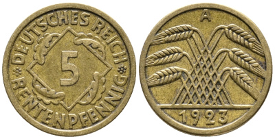 ГЕРМАНИЯ 5 РЕНТЕНПФЕННИГОВ 1923 A KM 32, J. 308 алюминиевая бронза 39-438