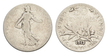 Франция 50 сантимов 1913 KM 854 серебро 4630-425