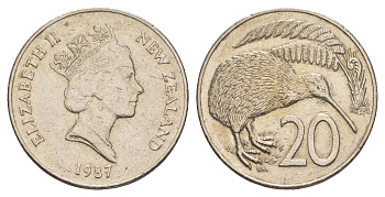 Новая Зеландия 20 центов 1987 Елизавета II (1952-2022), птичка киви KM 62 медно-никель 87-1326