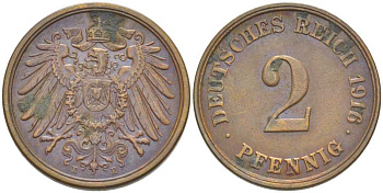 Германия 2 пфеннига 1916 E KM 16, J. 11, Weege 4 медь 206-662