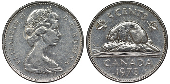 Канада 5 центов 1973 бобр, Елизавета II (1952-) KM 60.1 никель 4128-551