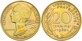 ФРАНЦИЯ 20 САНТИМОВ 1963 KM 930 медь алюминий никель 113-1217