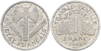 ФРАНЦИЯ 1 ФРАНК 1942 LB, ТИП LOURDЕ, ПРАВИТЕЛЬСТВО ВИШИ KM 902.1, LE FRANC 222.2 алюминий 212-922