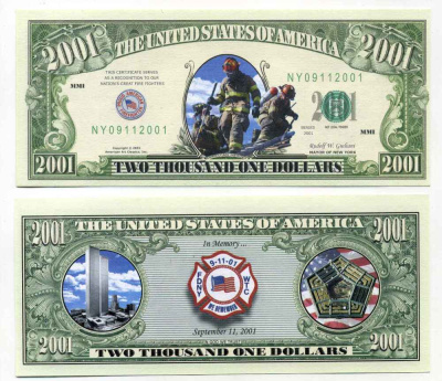 США 2001 ДОЛЛАР 2001 СУВЕНИРНАЯ БАНКНОТА, В ПАМЯТЬ ГЕРОЕВ СПАСАТЕЛЕЙ FDNY, ТРАГЕДИЯ 11 СЕНТЯБРЯ 2001 бумага UNC (ПРЕСС) 8588-69-2-1