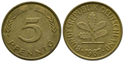 ФРГ 5 ПФЕННИГОВ 1987 G KM 107, J. 382 сталь плакированная латунью 179-1049
