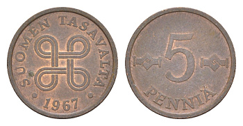Финляндия 5 пенни 1967 KM 45 медь 4647-257