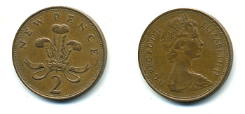 Великобритания 2 пенса 1971 Елизавета II (1952-2022) KM 916, Spink 4235 (C1) бронза 540-411