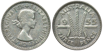 Австралия 3 пенса 1955 m, Елизавета II (1952-2022) KM 57 серебро 71-421