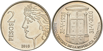 Аргентина 2 песо 2010 75 лет Центральному Банку KM 162 медно-никель UNC 08-746
