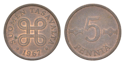 Финляндия 5 пенни 1967 KM 45 медь 4647-257