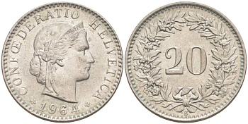 Швейцария 20 раппенов 1964 B KM 29a медно-никель 55-836
