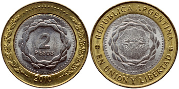 Аргентина 2 песо 2010 майское солнце KM 165 биметалл aUNC 4388-451