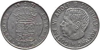 Швеция 1 крона 1973 Густав VI Адольф (1950-1973) KM 826а медь плакированная медно-никелем 4395-1145