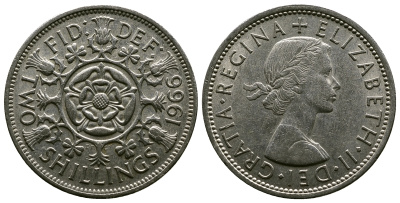 Великобритания 2 шиллинга (флорин) 1966 Елизавета II (1952-2022) KM 906, Spink 4146 медно-никель 4382-624