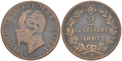 ИТАЛИЯ 2 ЧЕНТЕЗИМО 1867 М, МОНДВОР МИЛАН, ВИКТОР ЭММАНУИЛ II (1861-1878) KM 2.1 медь 4182-1227