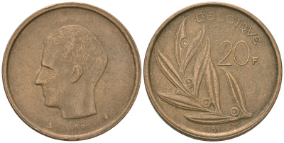Бельгия 20 франков 1981 BELGIQUE, Бодуэн I (1951-1993) KM 159 никель бронза 4561-1053