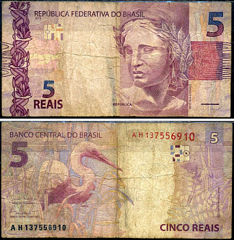 Бразилия 5 реала 2010 Pick 253 a бумага 7221-51-2-1
