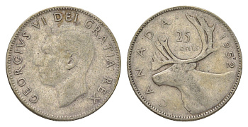 Канада 25 центов 1952 Георг VI (1936-1952), олень KM 44 серебро 4622-824