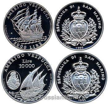 Сан-Марино набор из 2 монет 1995 Америго Веспуччи, парусники, в фирменной коробке с сертификатом KM 333, 334 серебро PROOF 5-4-1-40