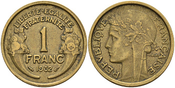 Франция 1 франк 1932 KM 885, Le Franc 219.2 алюминиевая бронза 4142-814