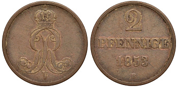 Брауншвейг-Каленберг-Ганновер 2 пфеннига 1853 B, Георг V (1851-1866) KM 217,aKS 152, J. 84 медь 4142-135