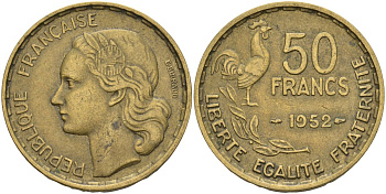 Франция 50 франков 1952 B, петух KM 918.1, Le Franc 425.5 алюминиевая бронза 4607-535