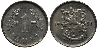 ФИНЛЯНДИЯ 1 МАРКА 1951 H KM 30b железо 4388-944