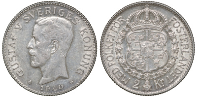 Швеция 2 кроны 1940 G, Густав V (1907-1950) KM 787 серебро 4178-1336