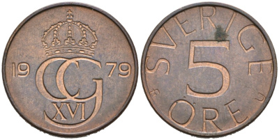Швеция 5 эре 1979 Карл XVI Густав (1973- ) KM 849 бронза 4564-739