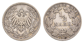 Германия 1/2 марки 1909 A, Вильгельм II (1888-1918) KM 17, J. 16 серебро 4655-261