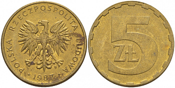 ПОЛЬША 5 ЗЛОТЫХ 1987 MW KM 81.2 латунь 4548-653