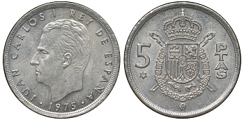 Испания 5 песет 1975 (79) Хуан Карлос I (1975-2014) KM 807 медно-никель 62-1121