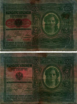 Австрия 100 крон 1912 (1919) красная надпечатка на Pick 12, на аверсе Pick 56 a бумага 7219-32-2