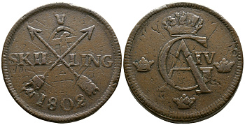 ШВЕЦИЯ 1 СКИЛЛИНГ 1802 перечекан из 2 эре, диаметр 34 мм, вес 28,3 гр KM 566 медь 4179-411