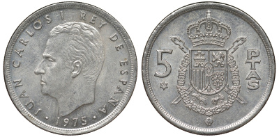 Испания 5 песет 1975 (79) Хуан Карлос I (1975-2014) KM 807 медно-никель 62-1121
