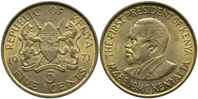 Кения 5 центов 1971 Джомо Кениата KM 10 никель латунь 4529-945