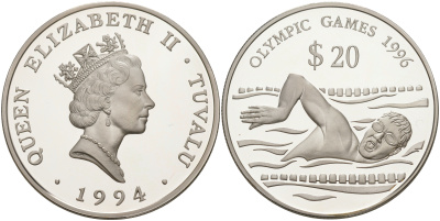 Тувалу 20 долларов 1994 Олимпийские игры 1996 года, плавание KM 24 серебро PROOF 1074-3-42