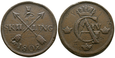ШВЕЦИЯ 1 СКИЛЛИНГ 1802 перечекан из 2 эре, диаметр 34 мм, вес 28,3 гр KM 566 медь 4179-411