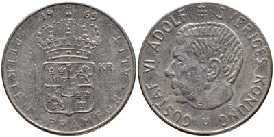 Швеция 1 крона 1969 Густав VI Адольф (1950-1973) KM 826a медь плакированная медно-никелем 63-1353