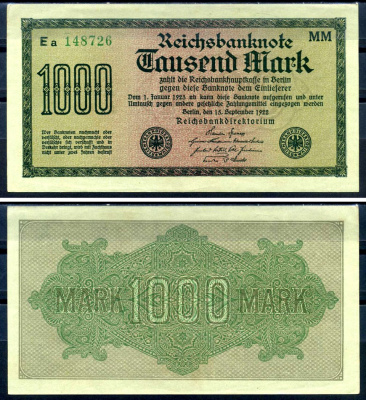 Германия 1000 марок 1922 выпуск 15 сентября 1922, водяной знак K, зеленая бумага, серия MM, буква Ea Pick 76 h (1) бумага aUNC 6279-42-1-1