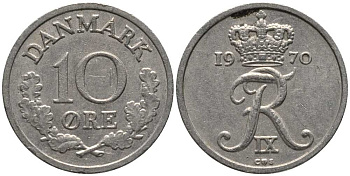 ДАНИЯ 10 ЭРЕ 1970 C; S, ФРЕДЕРИК IX (1947-1972) KM 841.3 медно-никель 116-227