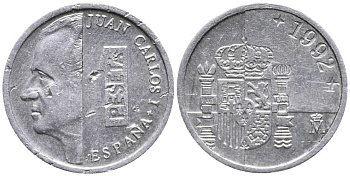 ИСПАНИЯ 1 ПЕСЕТА 1992 ХУАН КАРЛОС I (1975-) KM 832 алюминий 105-1117