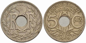 Франция 5 сантимов 1919 тип Линдайё KM 865, Le Franc 121.3 медно-никель 28-342