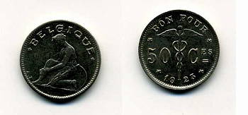 БЕЛЬГИЯ 50 САНТИМОВ 1923 BELGIQUE KM 87 никель 46-336