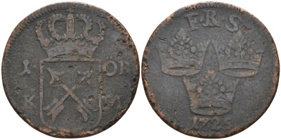 Швеция 1 эре 1725 FRS, Фредерик I (1720-1751) KM 383.1 медь 4586-514